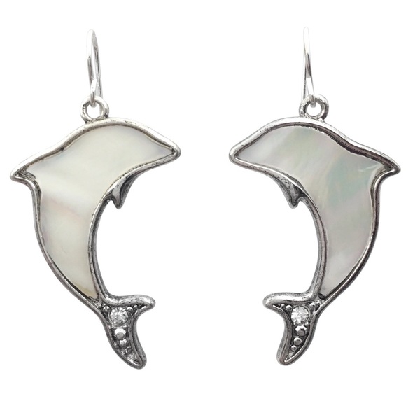 Mother of Pearl Inlay Dolphin Dangle Earrings - Picture 1 of 3